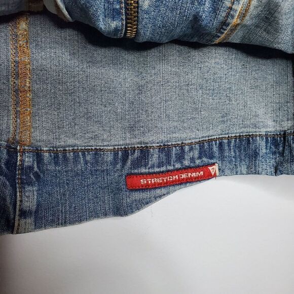 Guess L Jean Jacket Vintage Stretch Denim Light Blue Acid Wash Zip Up - Picture 16 of 16